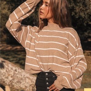Tan Striped Knit Balloon Sleeve Sweater